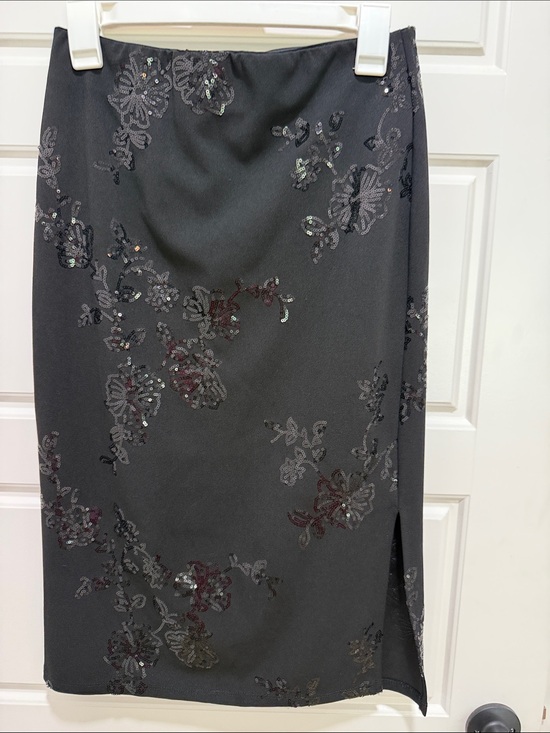 Messini Dresses & Skirts - Black Sequin Floral Pencil Skirt with Side Slit